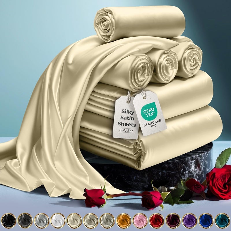 DECOLURE Satin Bed Sheets  6 Piece Luxury Silky Full Size Bedding Set  Softer Than Silk WrinkleFree with 15 Deep Pocket Fitted Sheet Perfect for Hair  Skin Gifts for Women Champagne