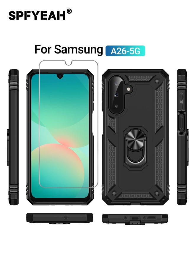 SPFYEAH [2-in-1] Samsung Galaxy A26 Case with HD Tempered Glass Screen Protector, Built-in 360° Rotate Magnetic Ring Kickstand, Heavy Duty Shockproof Drop Proof Case Cover for Samsung Galaxy A26 5G 6.7 inch (Black, 1+1 Pack) - Image 2