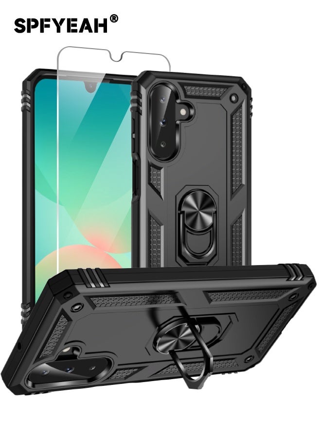 SPFYEAH [2-in-1] Samsung Galaxy A26 Case with HD Tempered Glass Screen Protector, Built-in 360° Rotate Magnetic Ring Kickstand, Heavy Duty Shockproof Drop Proof Case Cover for Samsung Galaxy A26 5G 6.7 inch (Black, 1+1 Pack) - Image 1