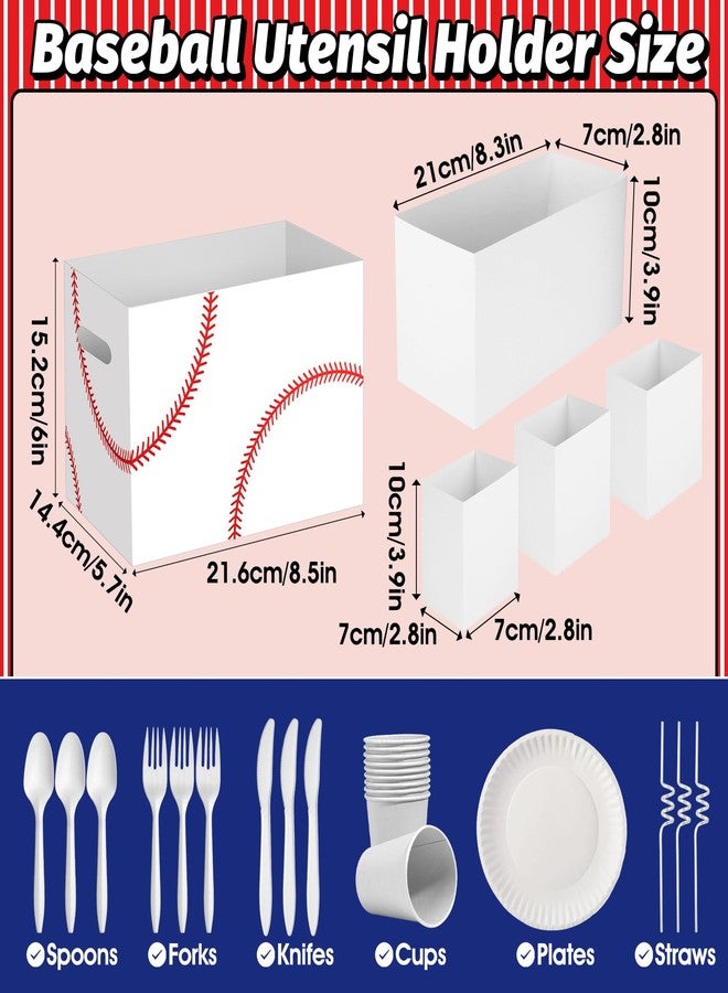 AKAIXI 2PCS Baseball Utensil Holder Paper Utensil Caddy for Baseball Party Supplies Cutlery Holder with Handles Party Favors Snack Box Disposable Cutlery Caddy for Sports Themed Birthday Decorations - Image 2