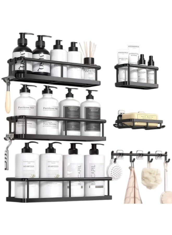 CHIYLE 6PCS No-Drill Bathroom Wall Shelf Set, Iron Wall Mounted Storage Rack with Hooks for Toiletries, Kitchen & Toilet Organizer - Image 1