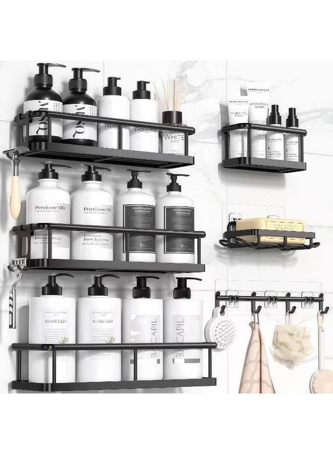 CHIYLE 6PCS No-Drill Bathroom Wall Shelf Set, Iron Wall Mounted Storage Rack with Hooks for Toiletries, Kitchen & Toilet Organizer - Image 3