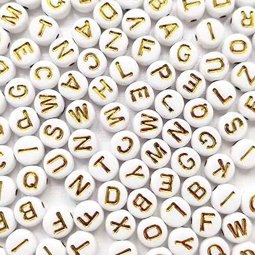 Amaney 1000 Pieces 74mm White Round Acrylic with Gold Alphabet Letter Beads for Jewelry Making Bracelets Necklaces Key Chains