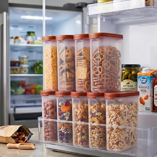 Mahaware Modular Mini Oval Kitchen Storage Box & Pulses Containers - Set of 9 (275ml) Airtight Plastic Jar Set for Masala & Dry Food, Multipurpose Pantry Organizer, Brown - Image 1