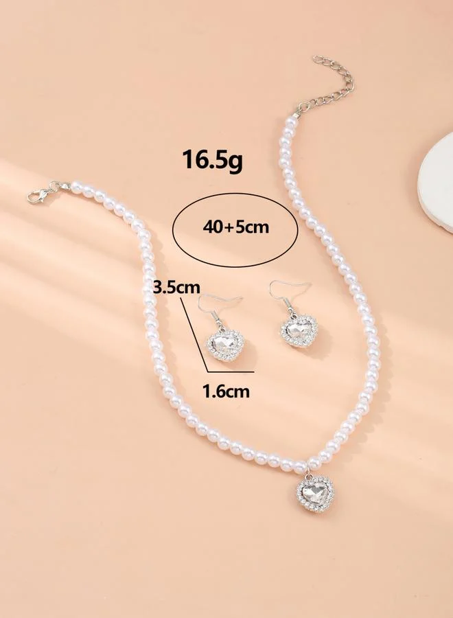 Take Two Take Two Heart Shape Drop Faux Pearl Necklace and Earrings Jewelry Set