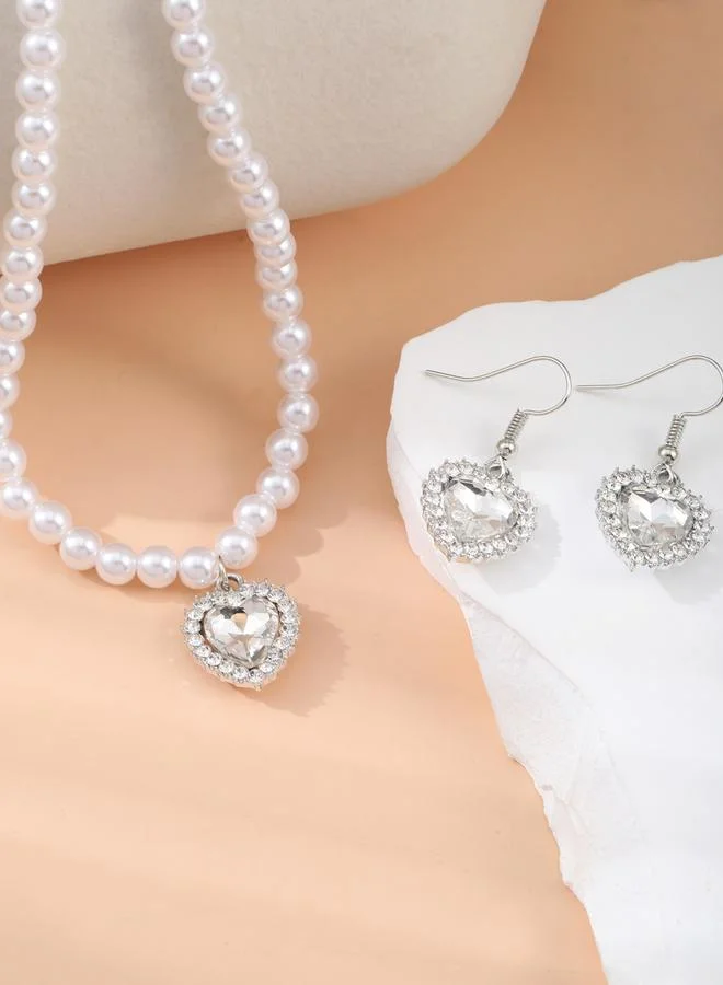 Take Two Take Two Heart Shape Drop Faux Pearl Necklace and Earrings Jewelry Set