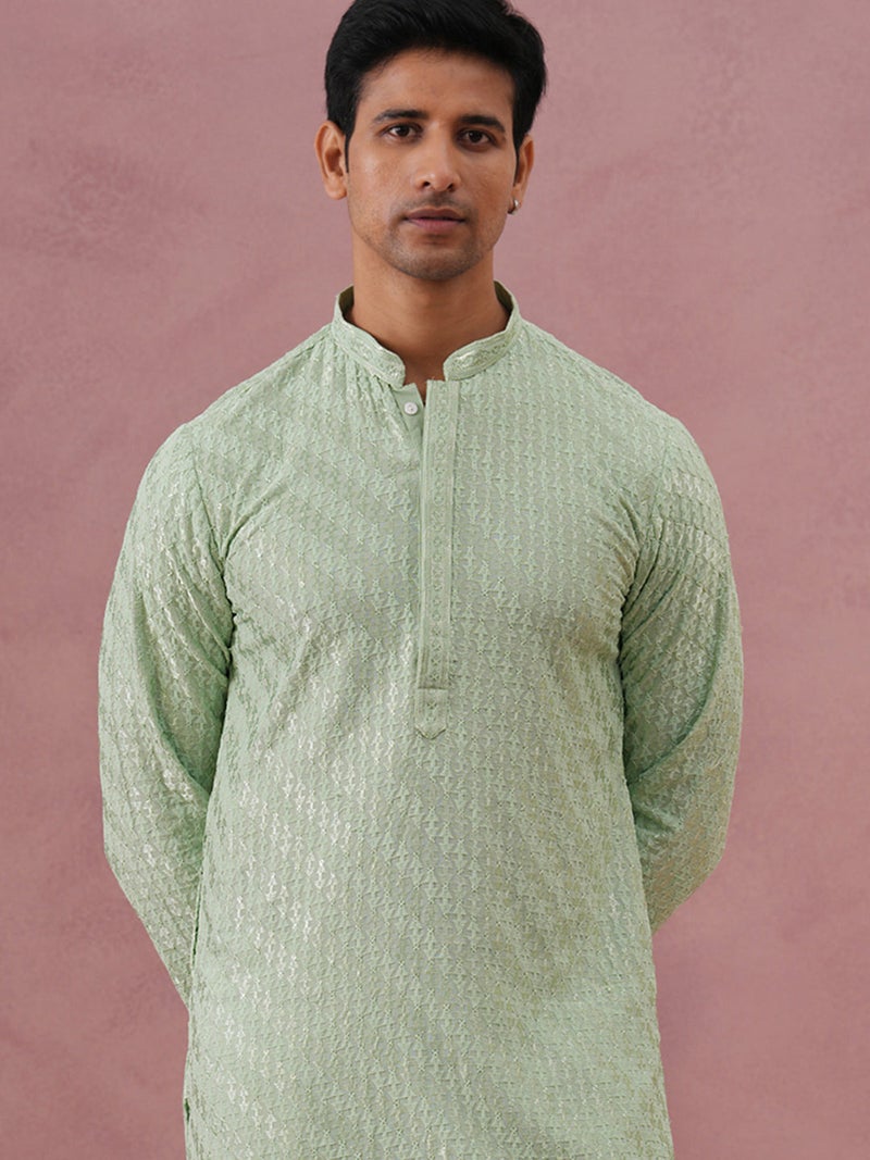 NOZ2TOZ Embroidered Pista Green Kurta for Men - Image 2