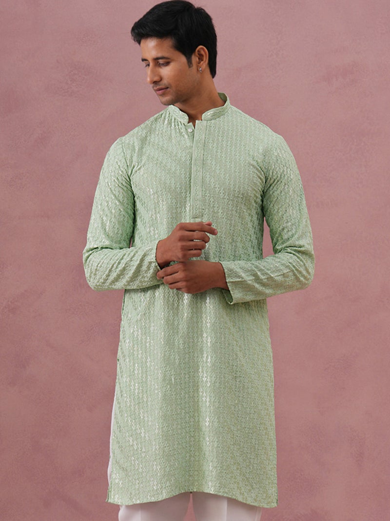 NOZ2TOZ Embroidered Pista Green Kurta for Men - Image 1