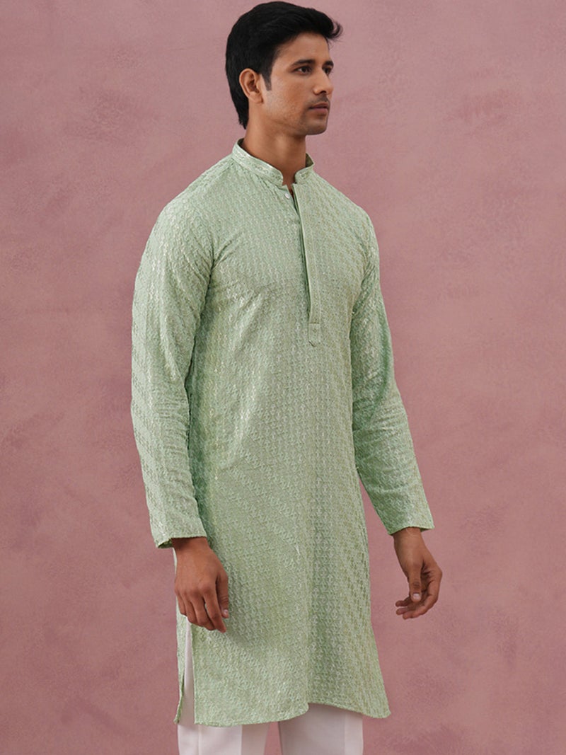 NOZ2TOZ Embroidered Pista Green Kurta for Men - Image 5