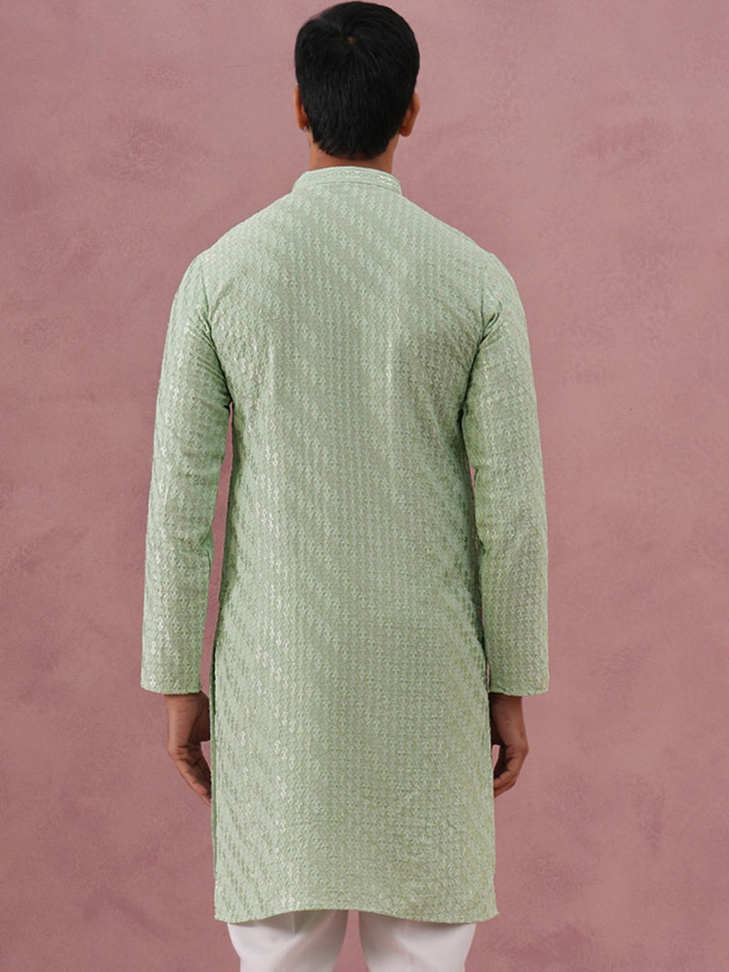 NOZ2TOZ Embroidered Pista Green Kurta for Men - Image 4