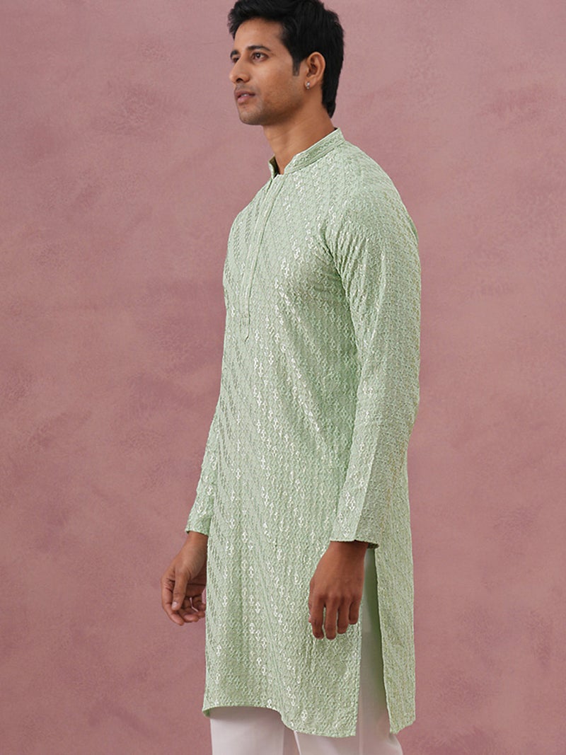 NOZ2TOZ Embroidered Pista Green Kurta for Men - Image 3