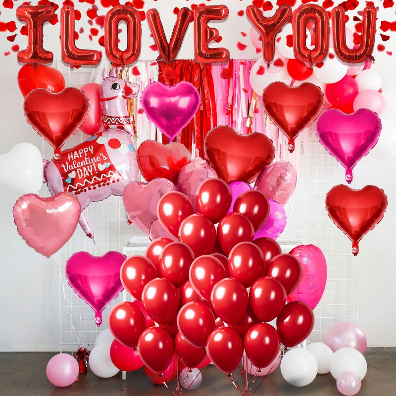 Famoby Red Latex Balloons,Red and Rose Red and Rose Glod Heart-Shaped Aluminum Foil Balloon,Red Fake Petals for Valentines Wedding Bridal Shower Anniversary Engagement Party Supplies Decorations - Image 3