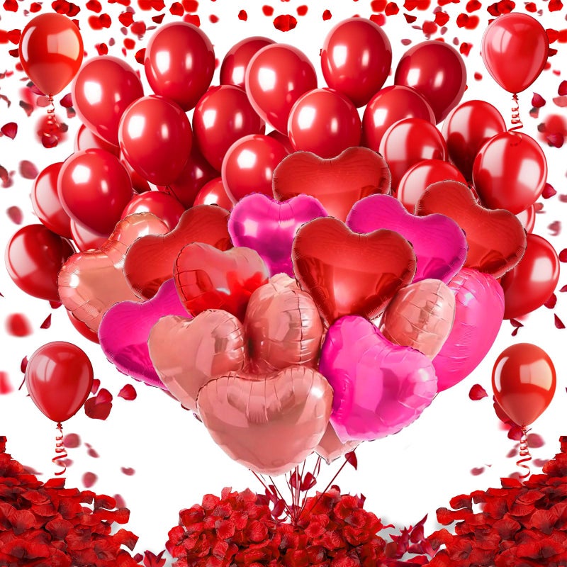 Famoby Red Latex Balloons,Red and Rose Red and Rose Glod Heart-Shaped Aluminum Foil Balloon,Red Fake Petals for Valentines Wedding Bridal Shower Anniversary Engagement Party Supplies Decorations - Image 1