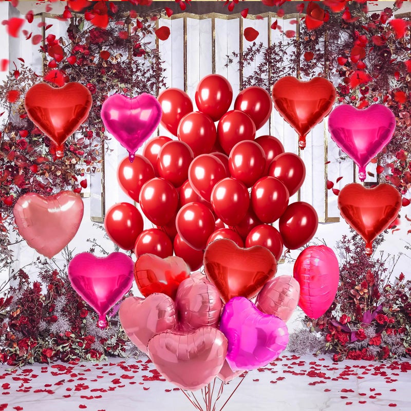 Famoby Red Latex Balloons,Red and Rose Red and Rose Glod Heart-Shaped Aluminum Foil Balloon,Red Fake Petals for Valentines Wedding Bridal Shower Anniversary Engagement Party Supplies Decorations - Image 4