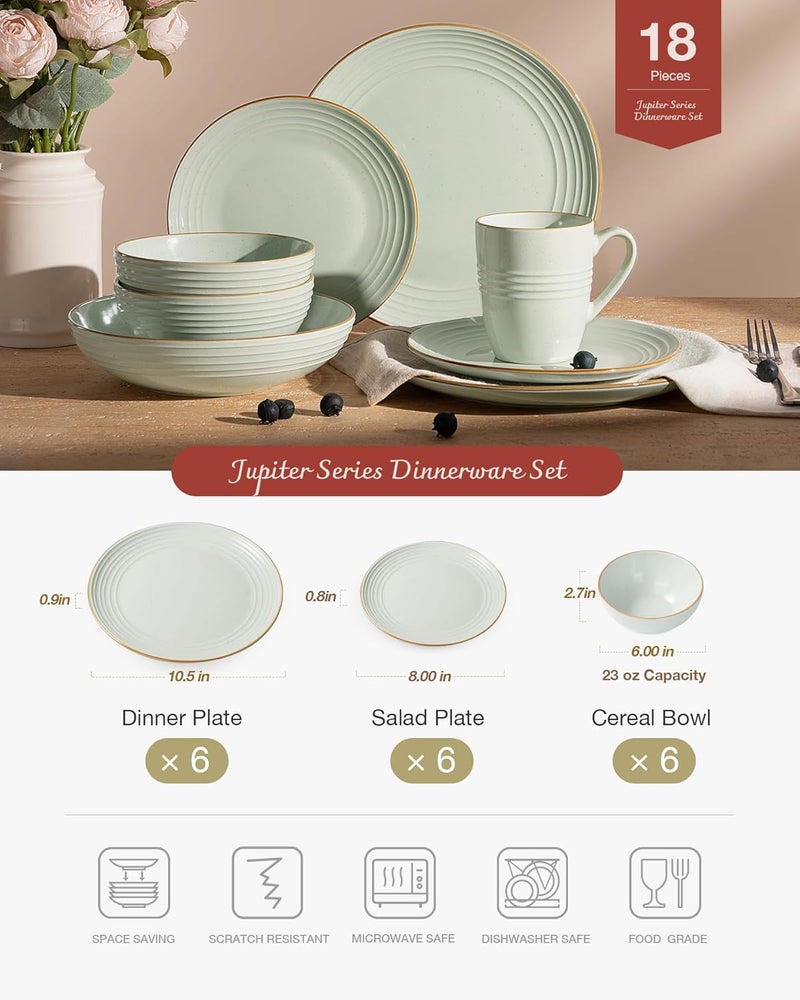 Famiware Jupiter Dinnerware Set Plates and Bowls Dish Sets for 6 18 Pieces Microwave and Dishwasher Safe Stoneware Tableware Chip and Scratch Resistant Light Green - Image 2
