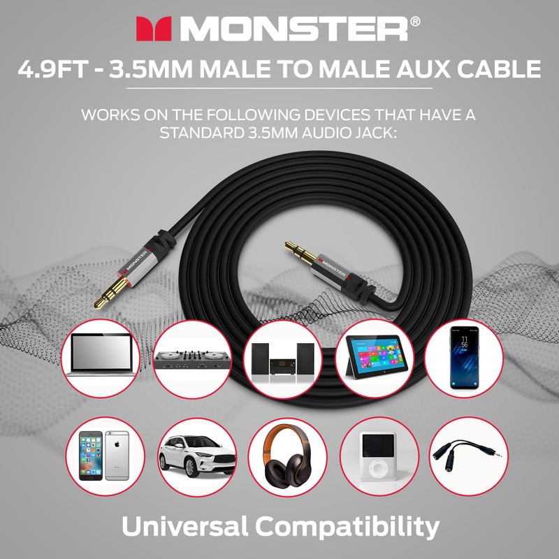 Monster Gen2 Essentials Audio Cable 3.5mm Male to Male Aux Cord for Car, iPhones, Headphones, 4.9FT Duraflex Jacket, Gold-Plated Connectors, Superior Sound Quality and Durable Cable - Image 5