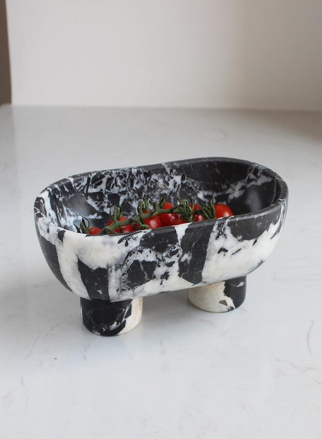 Nawgnail Natural Oval Calacatta Black Marble Fruit Bowl for Kitchen Counter 10", Large Decorative Bowl Two-Legs for Home Decor, Fruits Holder For Dining Table - Kitchen Organization - Image 1