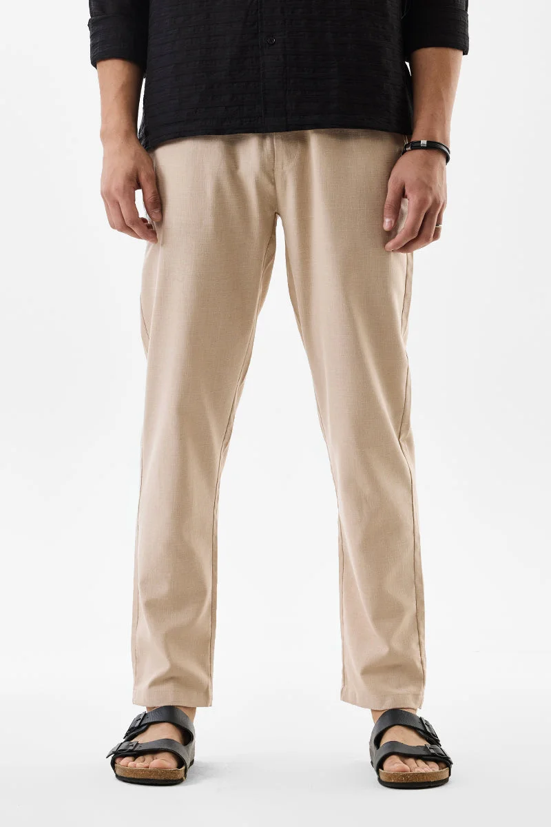 SNITCH Beige Textured Straight Fit Casual Trousers