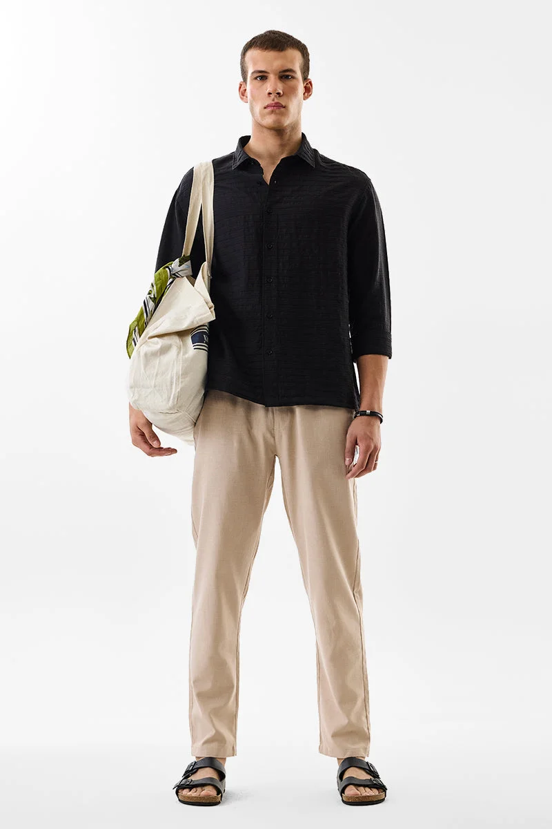 SNITCH Beige Textured Straight Fit Casual Trousers