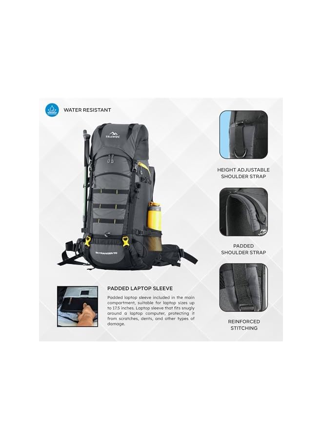Trawoc حقيبة ظهر للتخييم بسعة 70 لتر مع إطار داخلي - حقيبة مشي وتسلق للرجال والنساء - حقيبة سفر بتحميل أمامي وعلوي/غطاء مطري مقاوم للماء/حجرة للأحذية، Bhk011 - Image 2