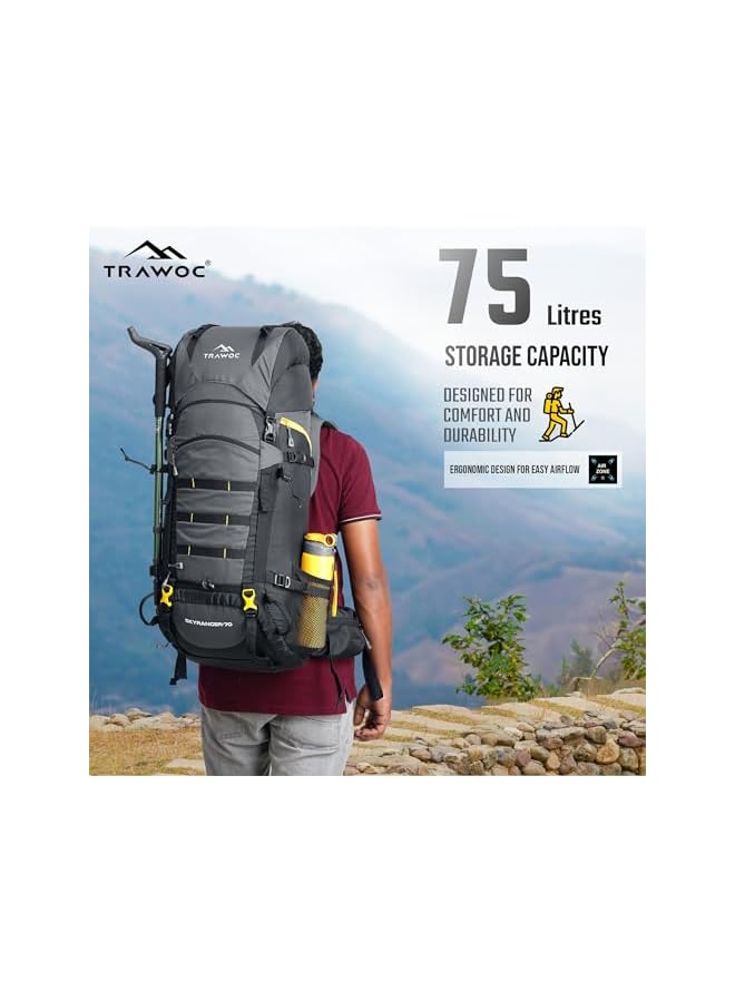 Trawoc حقيبة ظهر للتخييم بسعة 70 لتر مع إطار داخلي - حقيبة مشي وتسلق للرجال والنساء - حقيبة سفر بتحميل أمامي وعلوي/غطاء مطري مقاوم للماء/حجرة للأحذية، Bhk011 - Image 4