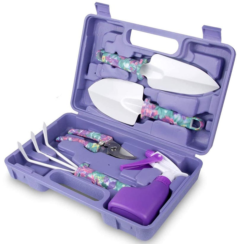 LEKEONE Gardening Tools,5 Pieces Garden Tools with Floral Print, Ergonomic Handle Trowel Rake Weeder Pruner Shears Sprayer,Gardening Supplies with Carrying Case Gifts for Women - Image 1