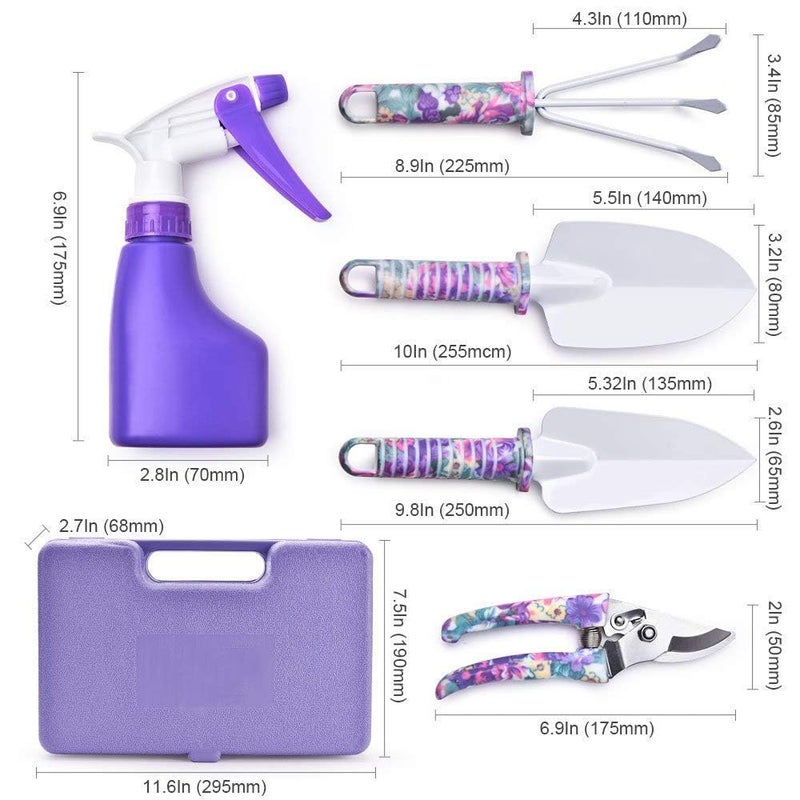 LEKEONE Gardening Tools,5 Pieces Garden Tools with Floral Print, Ergonomic Handle Trowel Rake Weeder Pruner Shears Sprayer,Gardening Supplies with Carrying Case Gifts for Women - Image 4