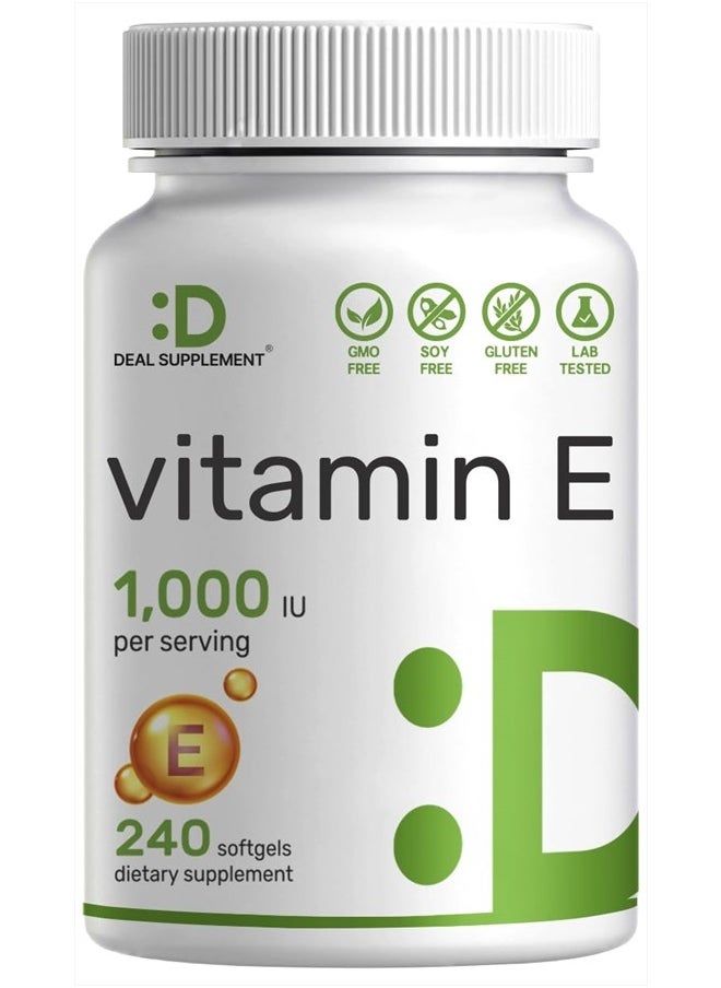 DEAL SUPPLEMENT Vitamin E Supplements, 1,000 IU Per Serving, 240 Softgels – Extra Strength Antioxidant Protection – Bioavailable Stable Form – Skin, Heart, Brain, & Immune Support – Non-GMO  - Image 1