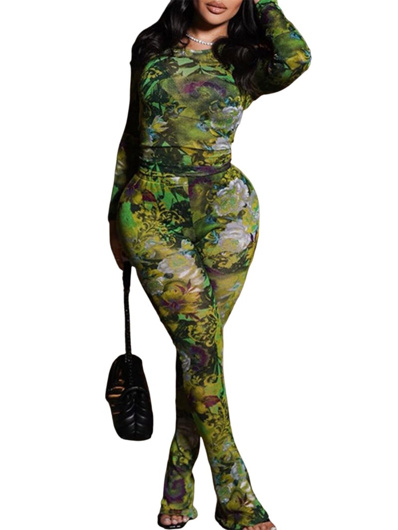 Uni Clau Womenâ€™s Sexy 2 Piece Set Floral Print See Through Mesh Long Sleeve Crew Neck Tops and Long Pants Sets Matching Set - Image 1