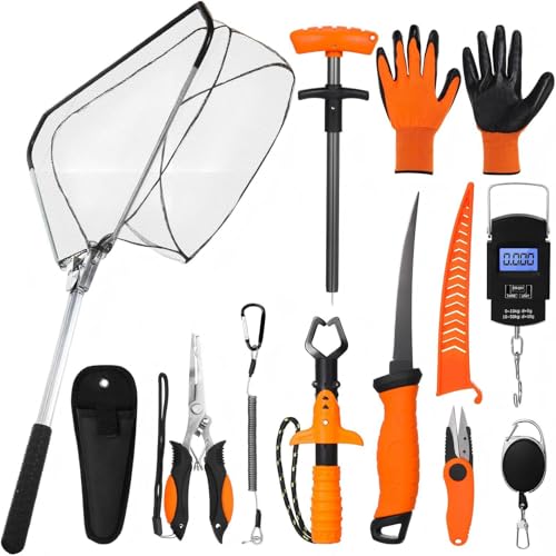 RoundFunny 10 Pcs Fishing Tool Kit Fishing Pliers with Lanyard and Protective Sheaths Landing Net Fillet Knife Fish Scale Gripper Hook Remover Braid Scissors Gloves for Men Dad GiftOrange - Image 1