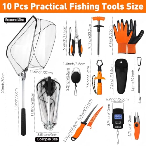 RoundFunny 10 Pcs Fishing Tool Kit Fishing Pliers with Lanyard and Protective Sheaths Landing Net Fillet Knife Fish Scale Gripper Hook Remover Braid Scissors Gloves for Men Dad GiftOrange - Image 3