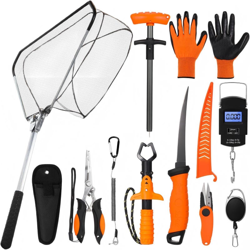 RoundFunny 10 Pcs Fishing Tool Kit Fishing Pliers with Lanyard and Protective Sheaths Landing Net Fillet Knife Fish Scale Gripper Hook Remover Braid Scissors Gloves for Men Dad GiftOrange - Image 2