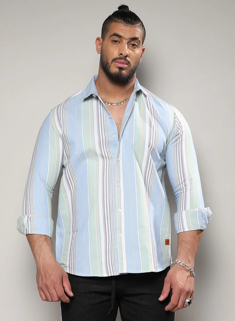 انستافاب بلس قميص رجالي مقاس كبير بأزرار مخططة متعددة الألوان من قطن بياقة واسعة وأكمام عادية ومقاس مريح للارتداء اليومي الكاجوال