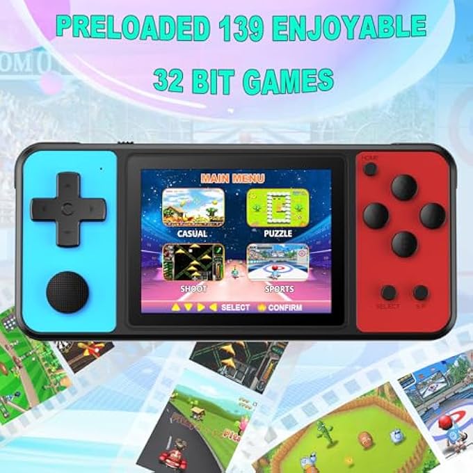 32 BIT HANDHELD GAMES FOR CHILDREN, BUILT-IN 139 VIDEO GAMES, 3.0 INCH IPS SCREEN, RECHARGEABLE ARCADE GAMING PLAYER, ELECTRONIC TOY FOR BOYS AND GIRLS, BLUE, RED - Image 3