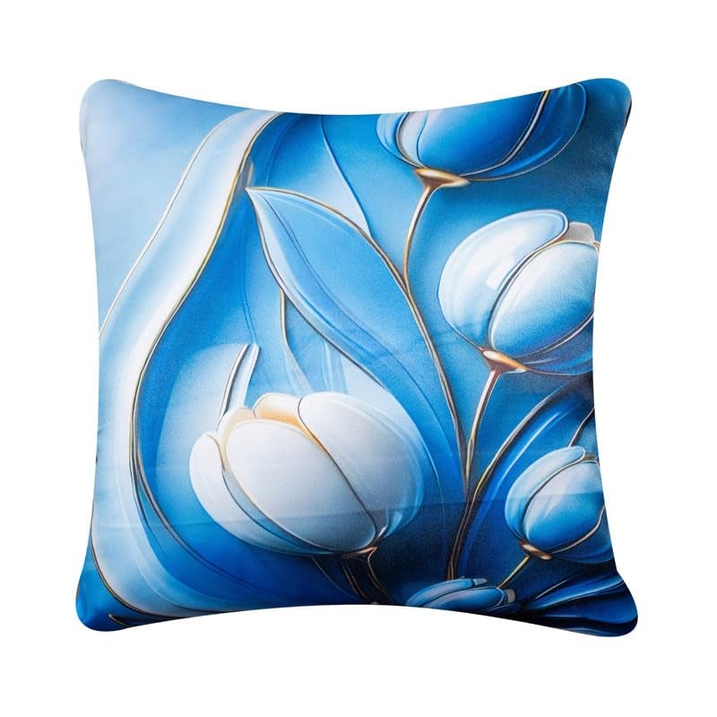 Vendola Decorative Satin Sofa Cushion Covers Set of 5, 16 inch x 16 inch, Sofa Pillow Cover, Blue, White and Gold Colour, Floral Design, Zipper Closure (Blue Whirl, 16X16 Inches) - Image 3