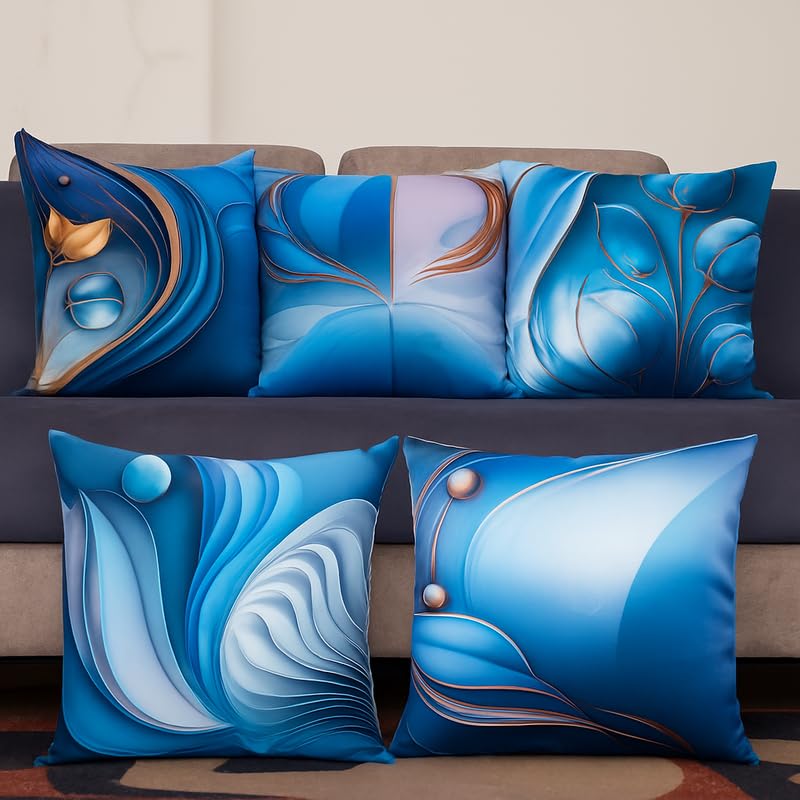 Vendola Decorative Satin Sofa Cushion Covers Set of 5, 16 inch x 16 inch, Sofa Pillow Cover, Blue, White and Gold Colour, Floral Design, Zipper Closure (Blue Whirl, 16X16 Inches) - Image 1
