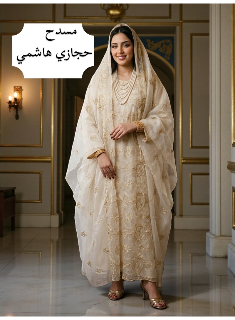 BHNS A luxurious embroidered Hijazi-Hashemi organza embroidered jalabiya - a traditional Madani women's 3-piece set (dress, lining, and veil) perfect for National Day, Founding Day, celebrations, engagements, weddings, and other occasions. - Image 1