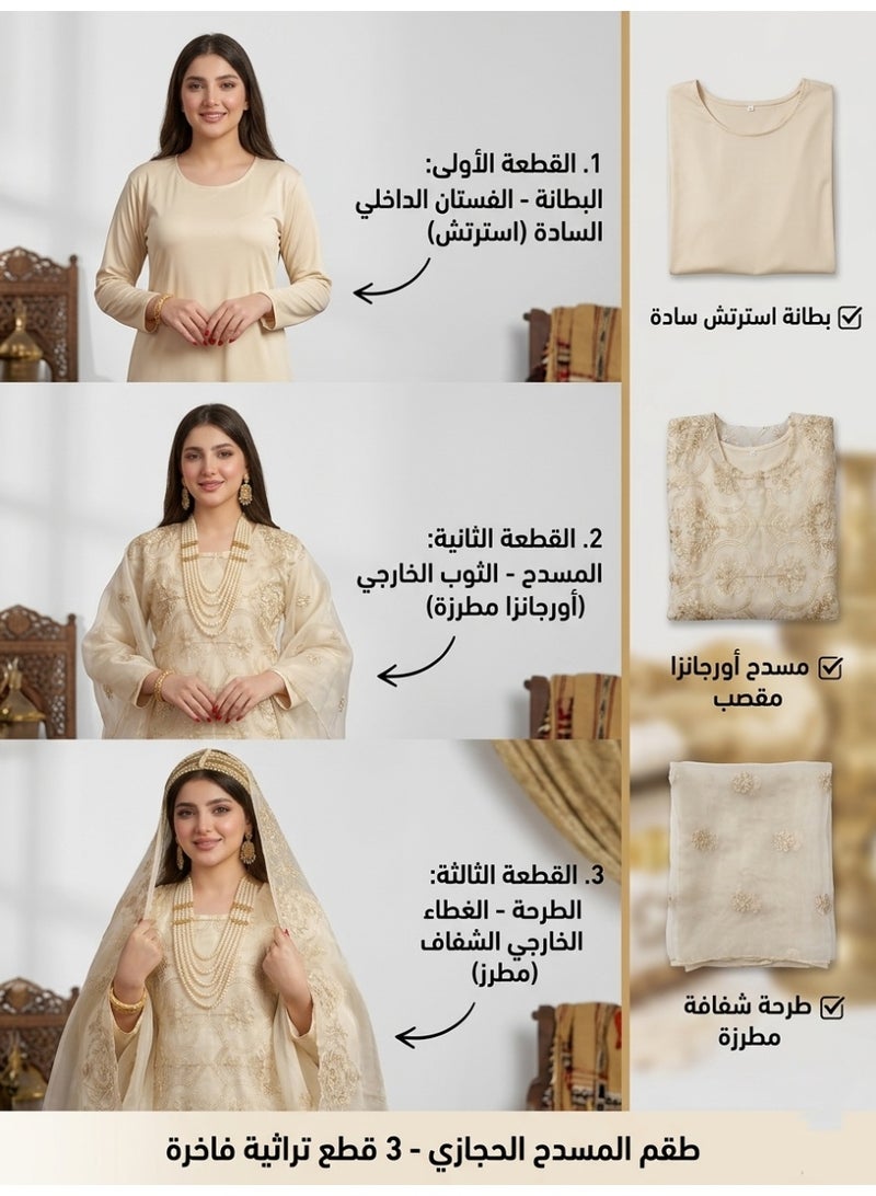 BHNS A luxurious embroidered Hijazi-Hashemi organza embroidered jalabiya - a traditional Madani women's 3-piece set (dress, lining, and veil) perfect for National Day, Founding Day, celebrations, engagements, weddings, and other occasions. - Image 3