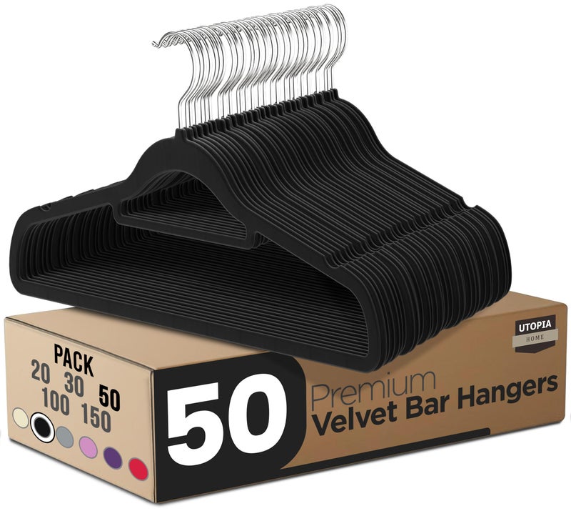 Utopia Home Pack of 50 Velvet Suit Hangers with Tie Bar - Heavy Duty Non-Slip Premium Hangers for Adult Clothes - 360 Degree Swivel Hook, Black - Image 1