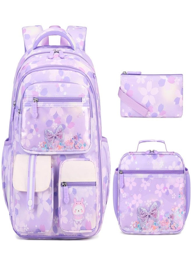 ACESAK Kids School Backpack for Girls, Bookbag Backpack with Lunch Box & Pencial Pouch Set for Girls Kids Teens Elementary Middle School Student, Girl Backpacks for Schools (Purple) - Image 1