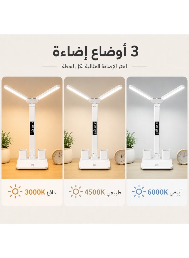 LED Desk Lamp for Reading, Studying, and Working – Features 3 Lighting Modes, Adjustable Brightness, Touch Control, Flexible Foldable Arm, Digital Clock, Alarm, and Pen Holder; USB-Powered. - Image 3
