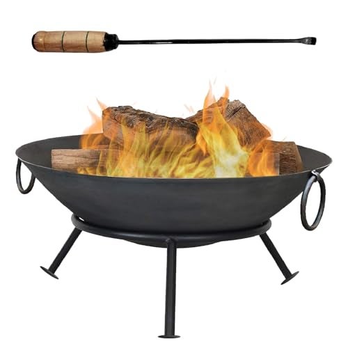 PTR Campfire Iron Bowl (42 CM) Lohri Fire Pit with Poker (52 CM) & Stand (11 CM) Wood Burner Charcoal Bonfire Camping Heating Cooking BBQ Outdoor Party Sigdi/Angeethi/Chulha Heavy Gauge (3 Piece Set) - Image 1
