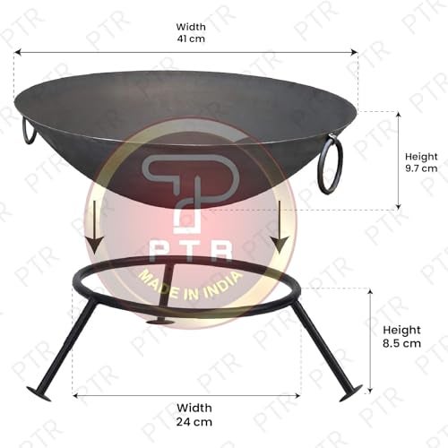 PTR Campfire Iron Bowl (42 CM) Lohri Fire Pit with Poker (52 CM) & Stand (11 CM) Wood Burner Charcoal Bonfire Camping Heating Cooking BBQ Outdoor Party Sigdi/Angeethi/Chulha Heavy Gauge (3 Piece Set) - Image 3