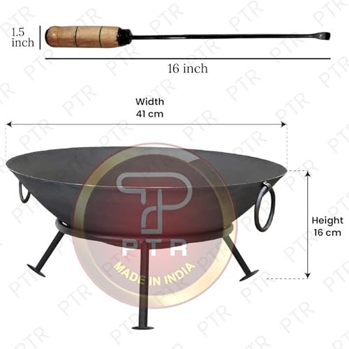 PTR Campfire Iron Bowl (42 CM) Lohri Fire Pit with Poker (52 CM) & Stand (11 CM) Wood Burner Charcoal Bonfire Camping Heating Cooking BBQ Outdoor Party Sigdi/Angeethi/Chulha Heavy Gauge (3 Piece Set) - Image 2
