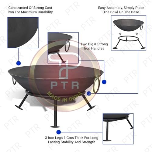 PTR Campfire Iron Bowl (42 CM) Lohri Fire Pit with Poker (52 CM) & Stand (11 CM) Wood Burner Charcoal Bonfire Camping Heating Cooking BBQ Outdoor Party Sigdi/Angeethi/Chulha Heavy Gauge (3 Piece Set) - Image 5