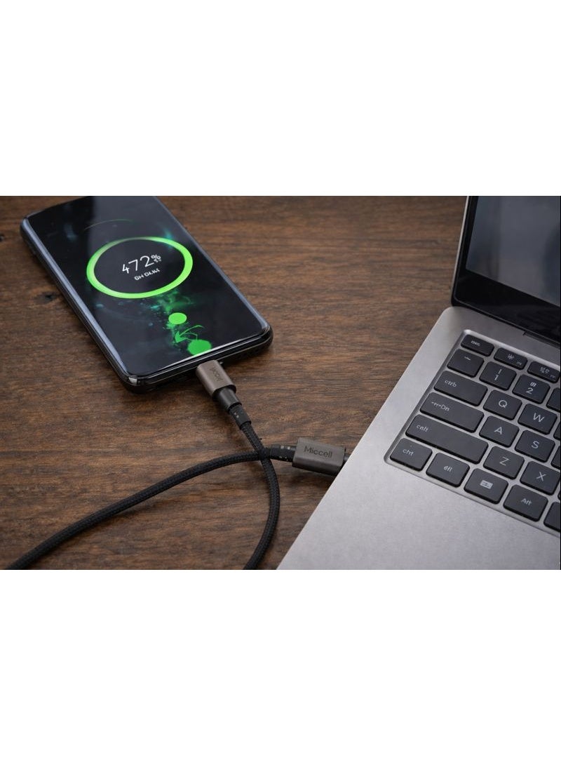 ميكسل كابل شحن سريع ونقل بيانات مايسيل (Miccell) تايب سي إلى تايب سي (Type-C to Type-C) بقوة 60 واط، 3 أمبير، طول 120 سم، مضفر بالنايلون - رمادي/أسود - Image 2