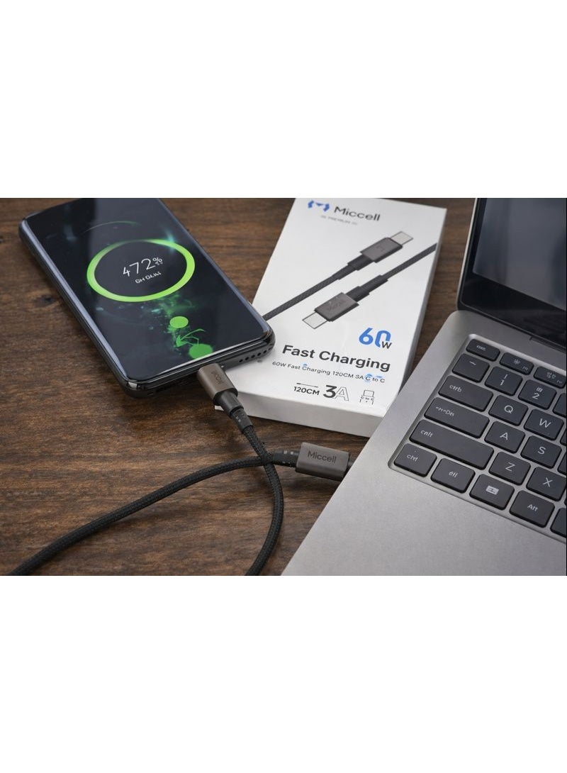 ميكسل كابل شحن سريع ونقل بيانات مايسيل (Miccell) تايب سي إلى تايب سي (Type-C to Type-C) بقوة 60 واط، 3 أمبير، طول 120 سم، مضفر بالنايلون - رمادي/أسود - Image 4