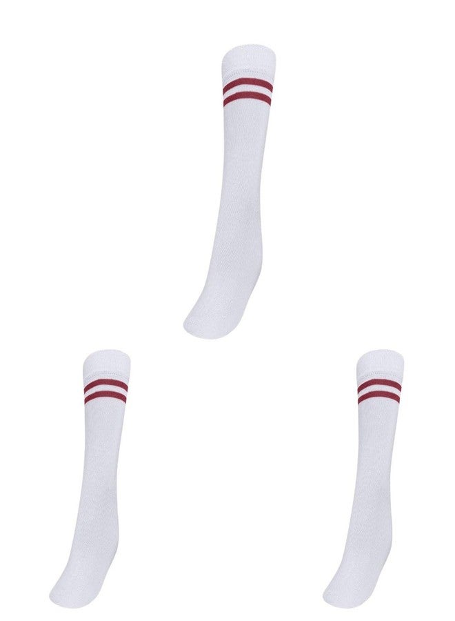MUKHAKSH (Pack of 3 Pairs Boys Kids White Socks with Maroon Stripes Border Lining White with Maroon Stripes Calf Length Long School Uniform School Dress Socks, 7-8 Years - Image 1