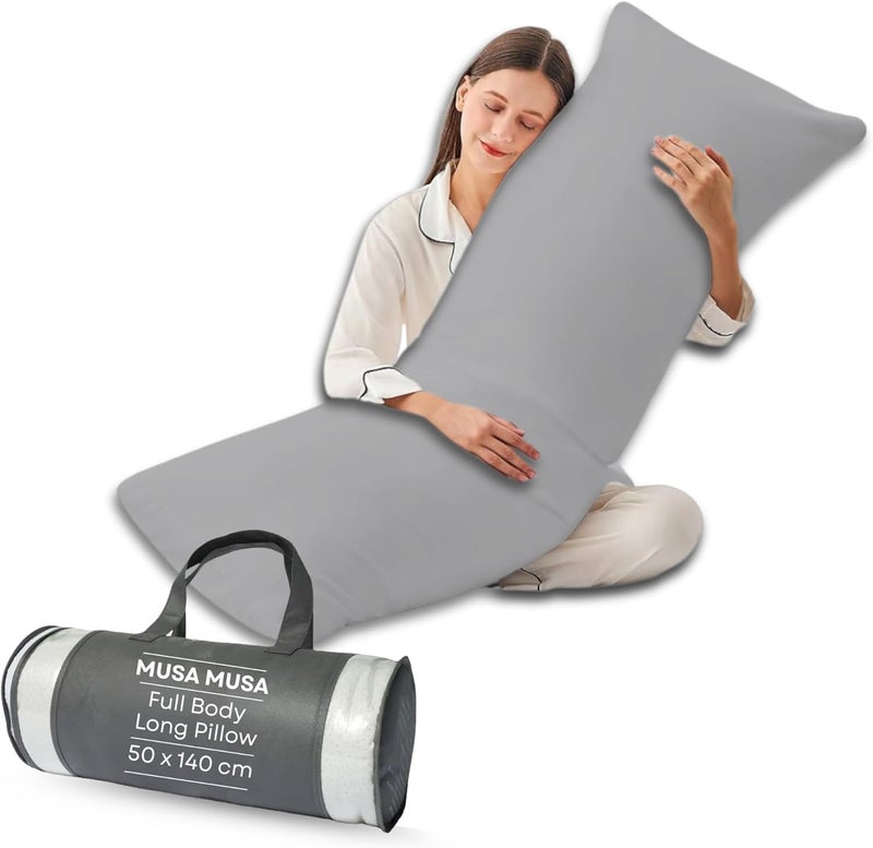 MUSA MUSA® Full Body Long Pillow with 300 Cotton TC - Breathable Polyester Filling, Pregnancy Pillow for Belly Support, Sleeping, Side Sleeper & Back Sleepers Maternity Pillow (Grey, 50 x 140cm) - Image 1