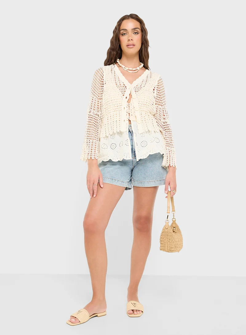 جينجر Crochet Knitted Button Down Top